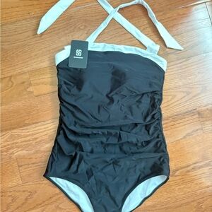 Black and White Women's One Piece Swimsuit Sz. M